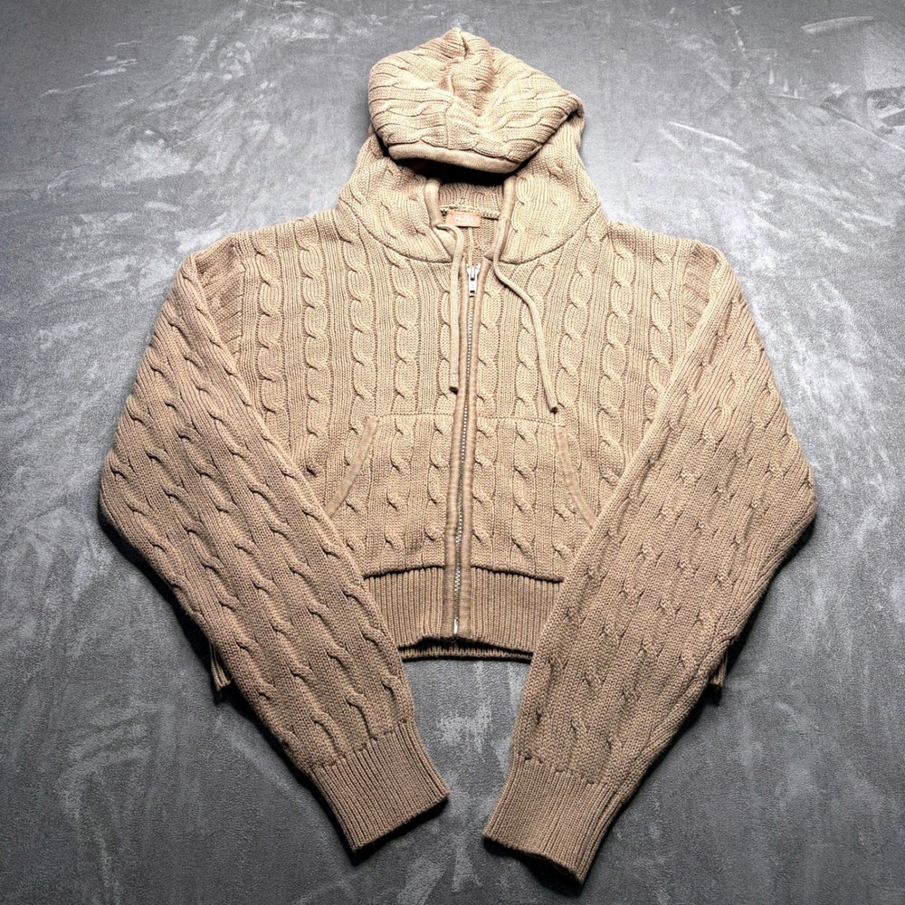 John Galt Cable Knit Hoodie Womens M Tan Cropped Zip Up Sweater Y2K Preppy Fall